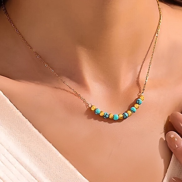 💜10/$25💜NEW Turquoise Beads Curved Bar Charm Golden Necklace - Picture 5 of 7